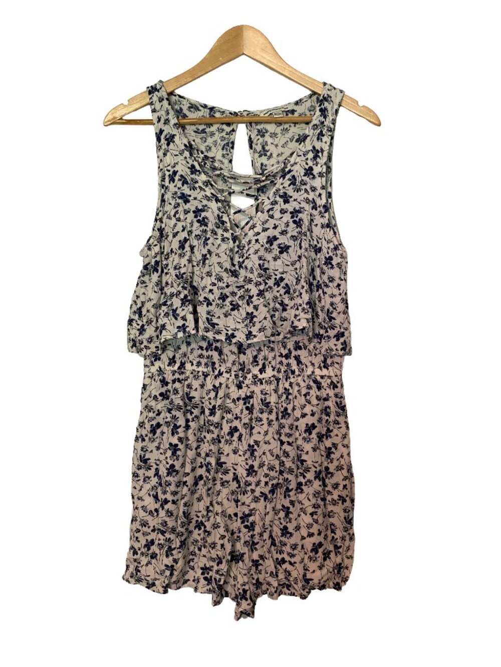 American Eagle - Floral Romper (Shorts) - Blue White - Lace-Up Front - Size M